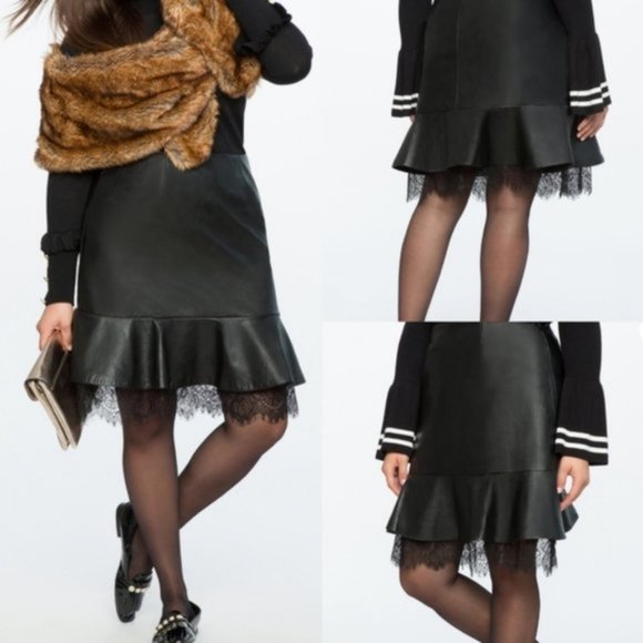 NWT Eloquii Black Faux Leather Skirt with Lace Hem Size 22 Medium Weight Stretch - Picture 1 of 7
